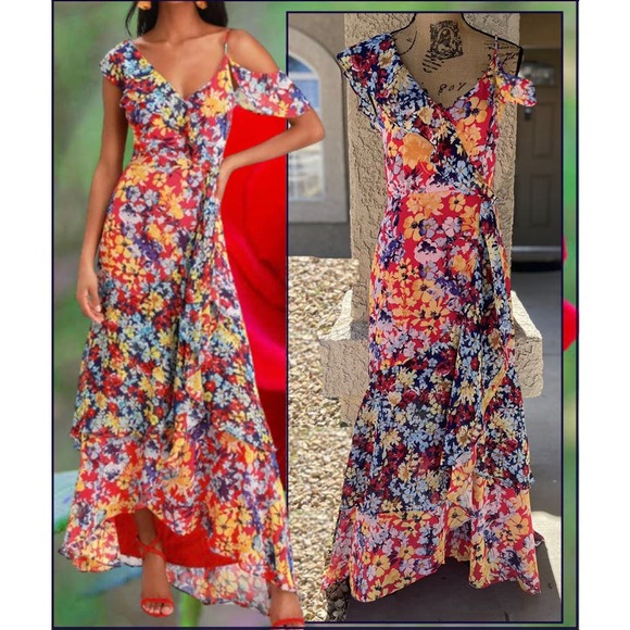 Lulus Chiffon Floral Print Radiant Ruby Maxi Dress Size S - Picture 1 of 10